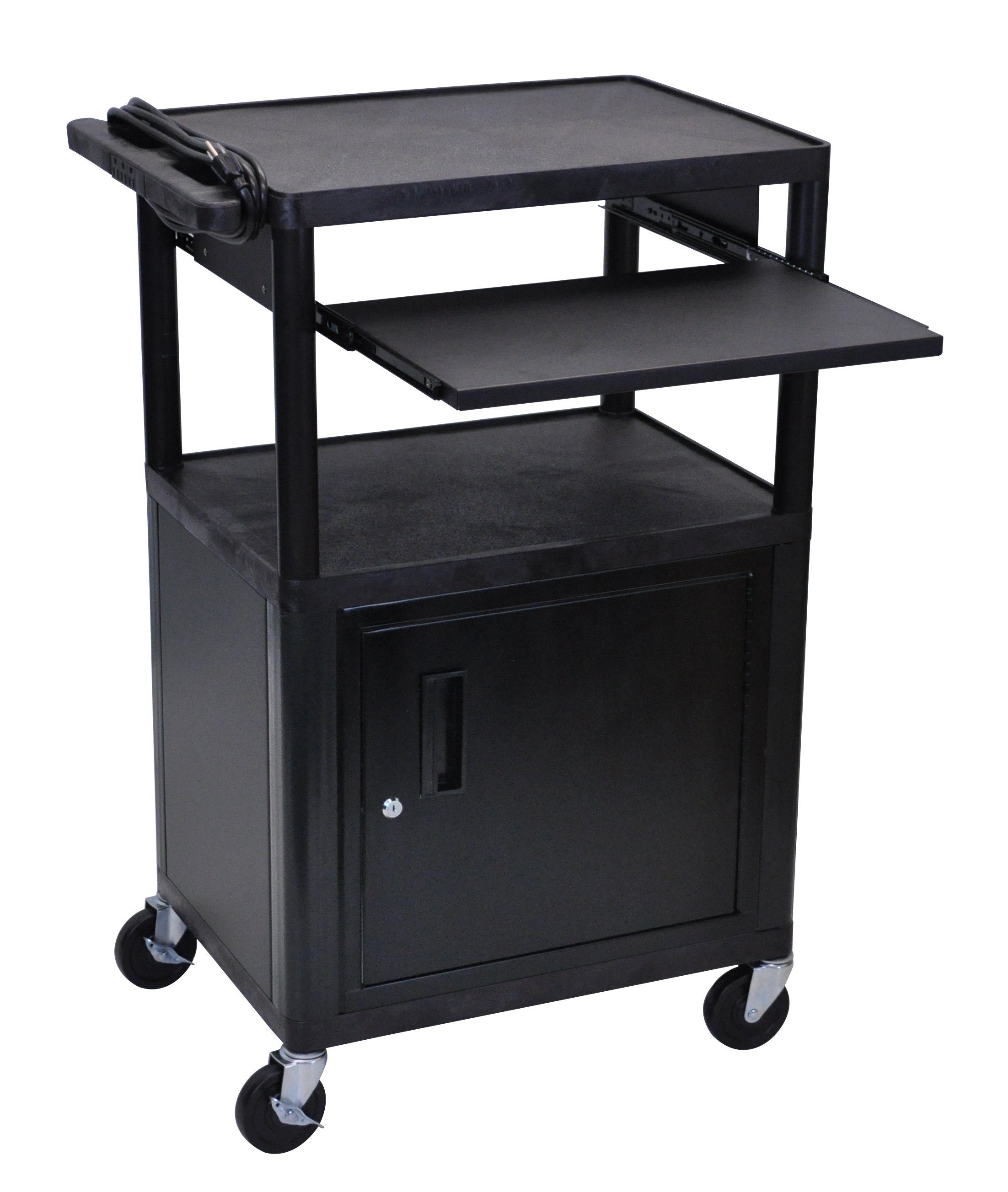 Luxor Endura Black 3 Shelf Presentation Cart W Cabinet &amp; Pullout Shelf