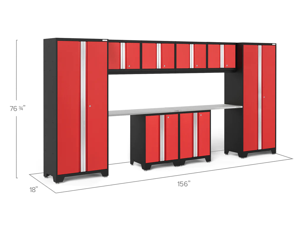 NewAge Bold Series 10 Piece Cabinet Set with Base, Wall Cabinet, 30 in. Locker and Worktop Red Stainless Steel
