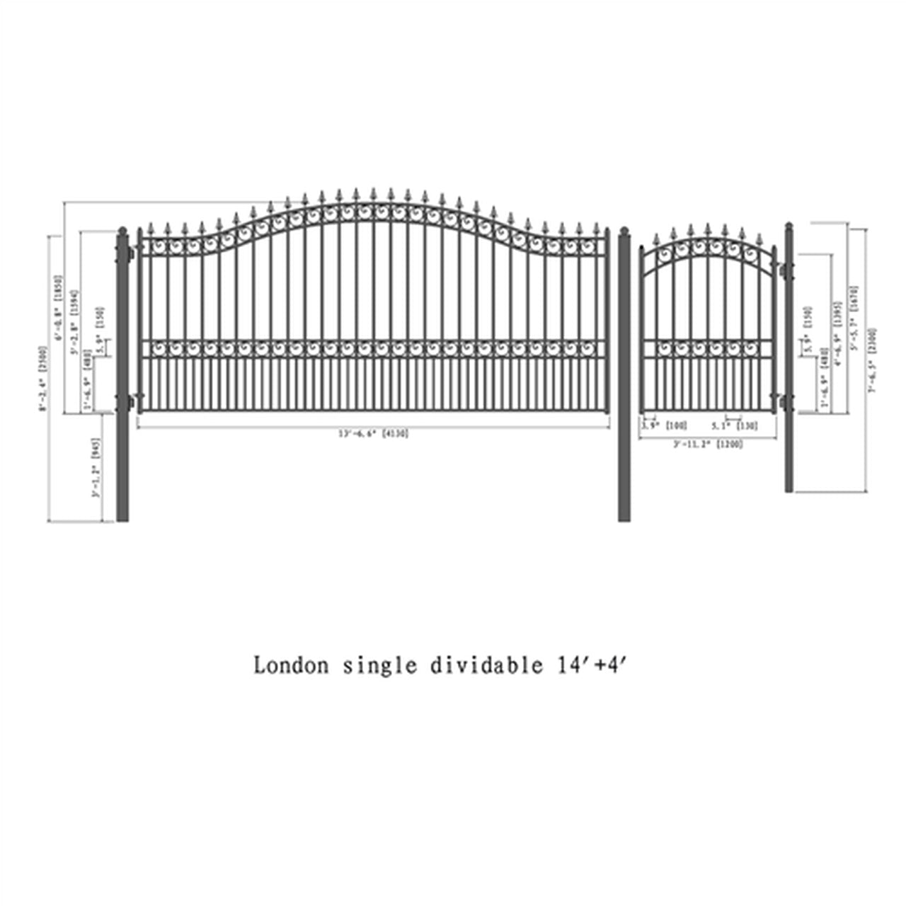Aleko Steel Single Swing Driveway Gate - LONDON Style - 14 ft with Pedestrian Gate - 5 ft