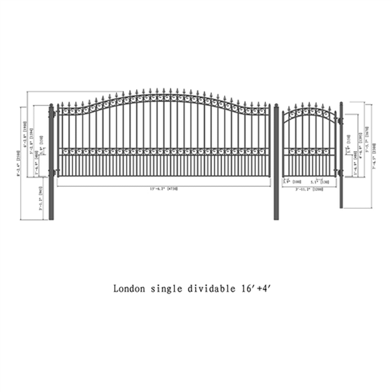 Aleko Steel Single Swing Driveway Gate - LONDON Style - 16 ft with Pedestrian Gate - 5 ft