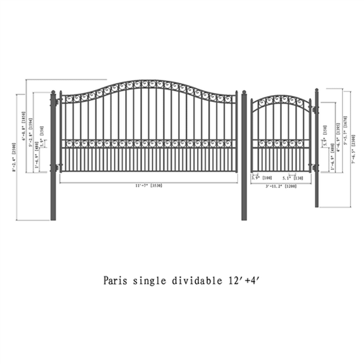 Aleko Steel Single Swing Driveway Gate - PARIS Style - 12 ft with Pedestrian Gate - 5 ft