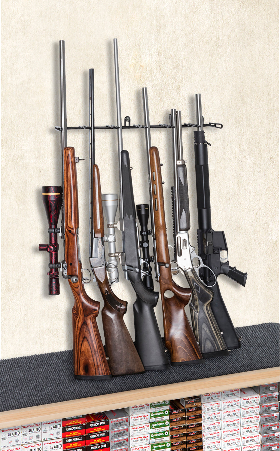 2’ 6-Rifle High End Rifle Shelf Display – Slat Wall / Peg