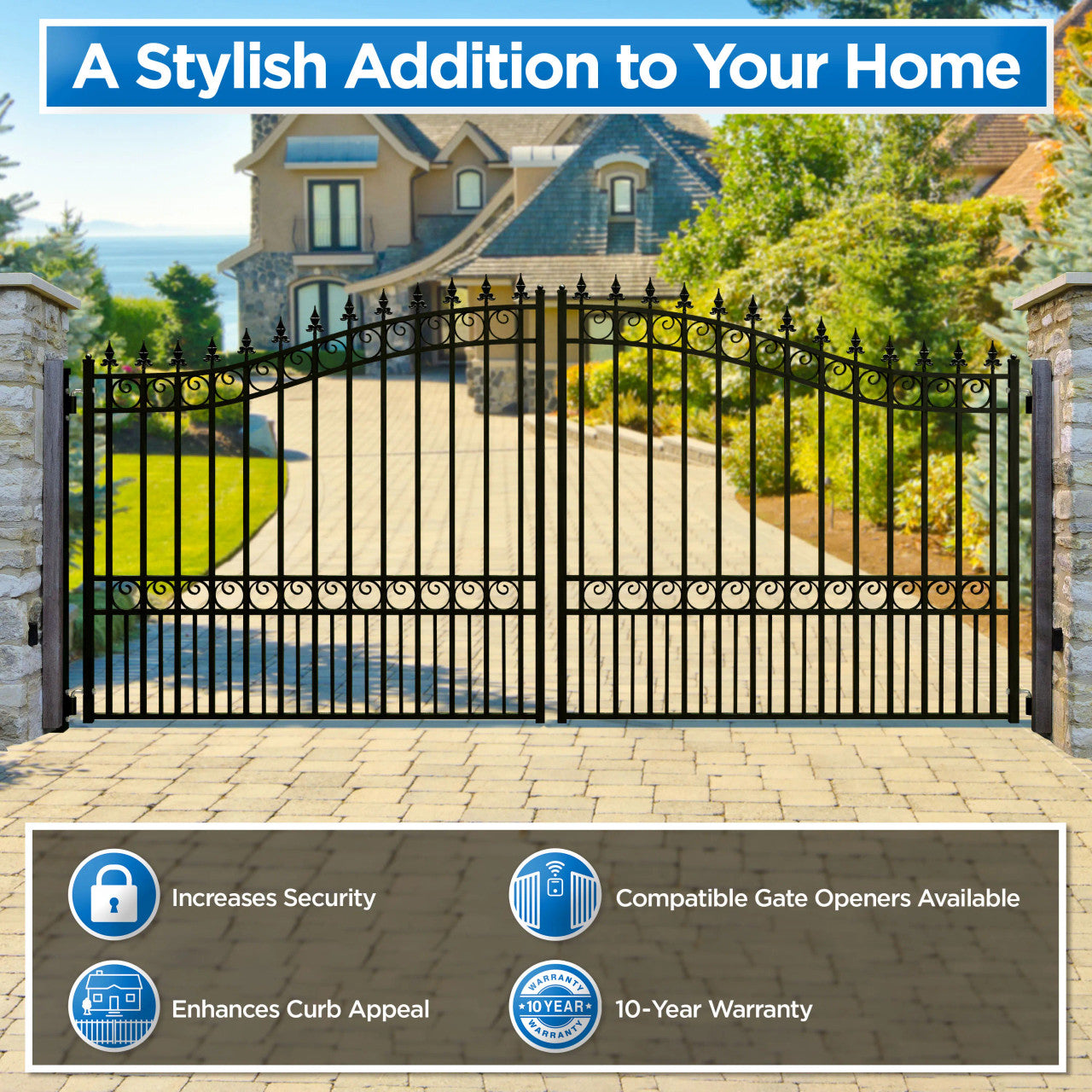 Aleko Automated Steel Dual Swing Driveway Gate and Gate Opener Complete Kit – LONDON Style – 16 x 6 Feet - 16DLON1700ACC-AP