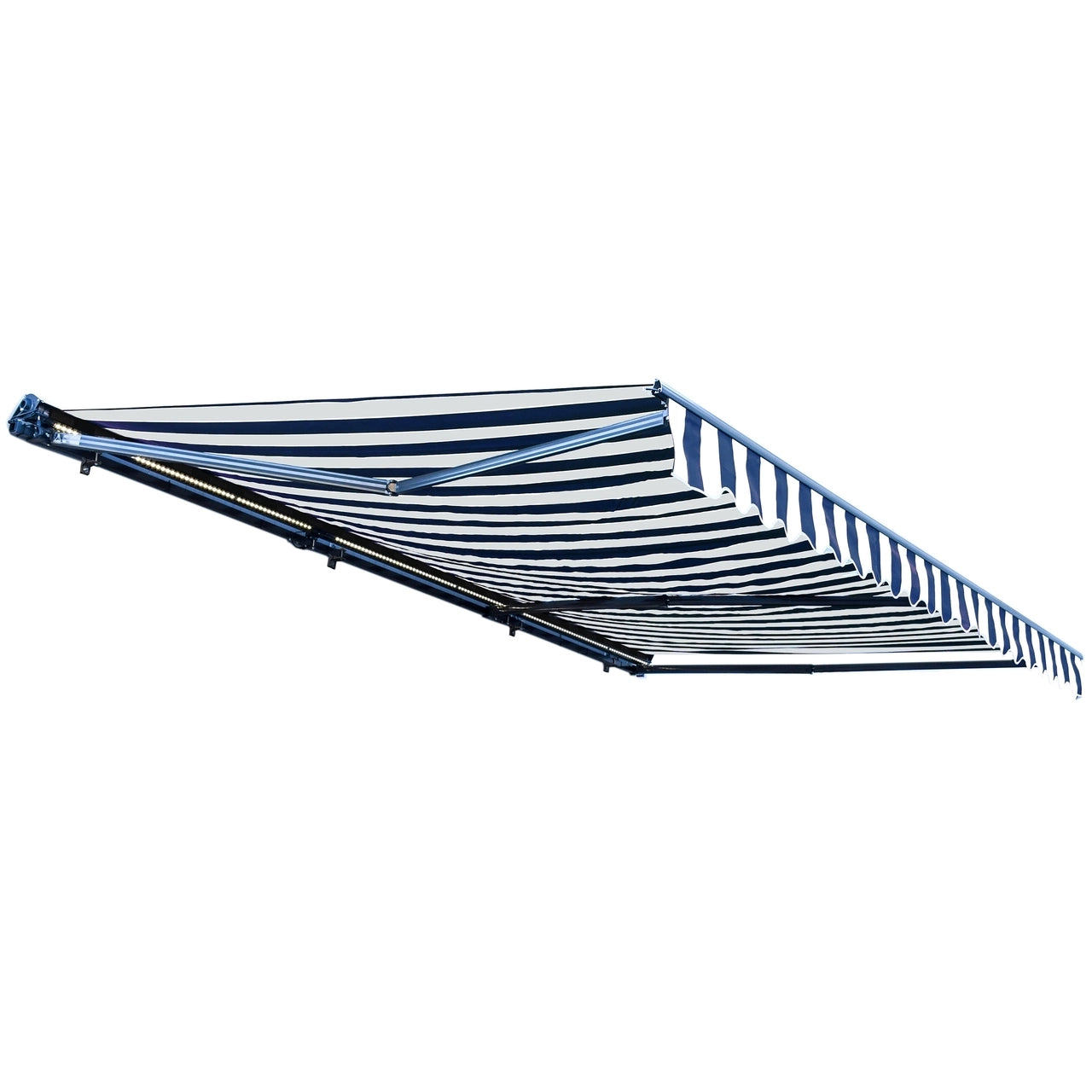 Aleko Half Cassette Motorized Retractable LED Luxury Patio Awning - 16 x 10 Feet - Blue and White Stripes