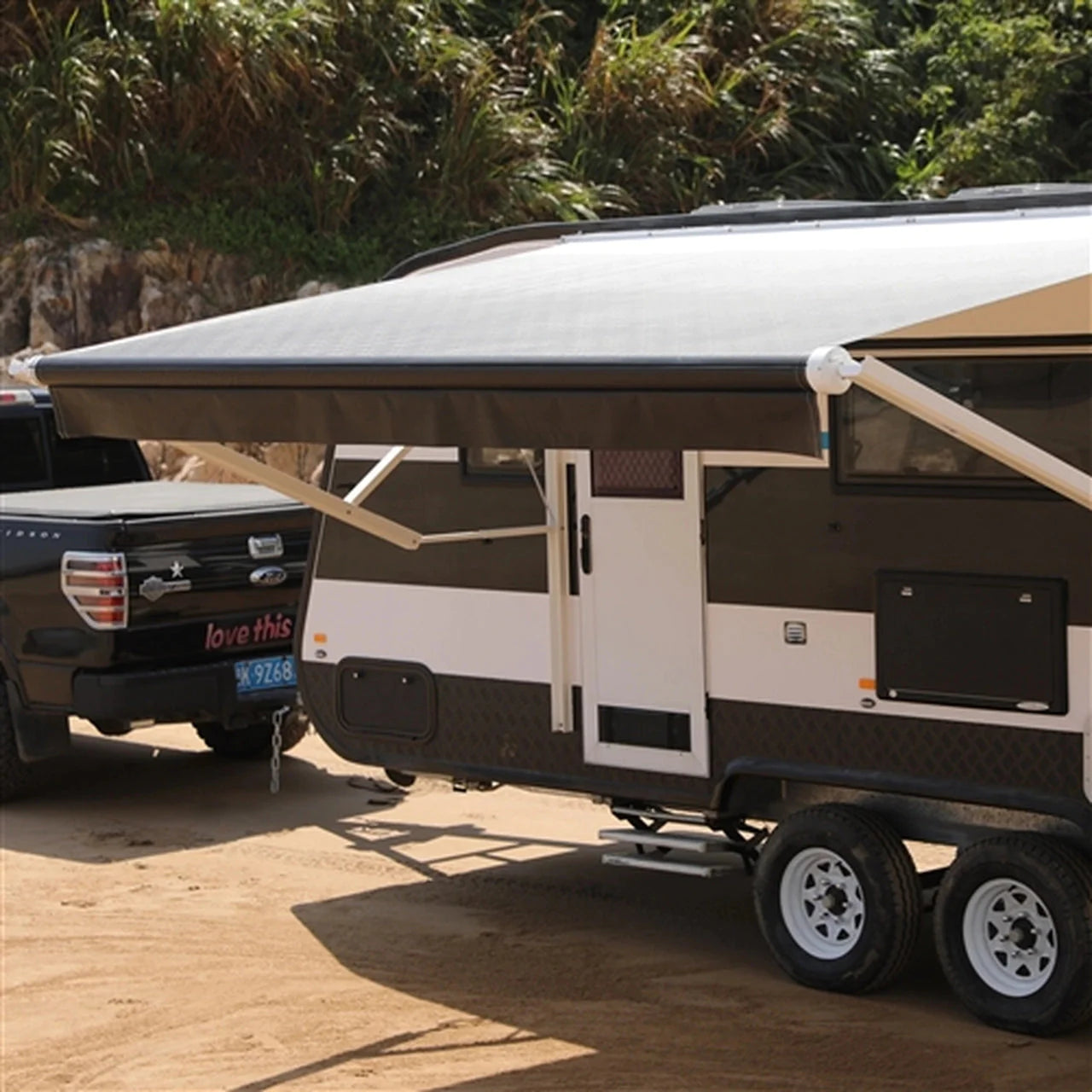 Aleko Motorized Retractable RV Awning - 12 x 8 Feet - White/Black Fade