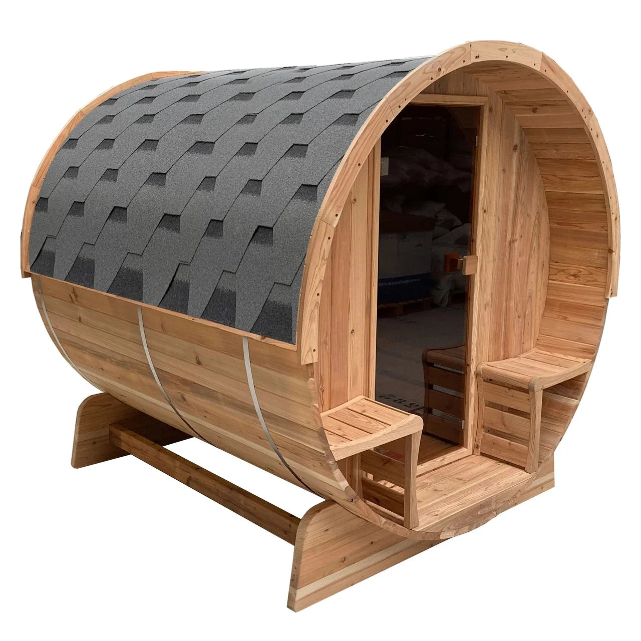 Aleko Outdoor Rustic Cedar Barrel Steam Sauna - Front Porch