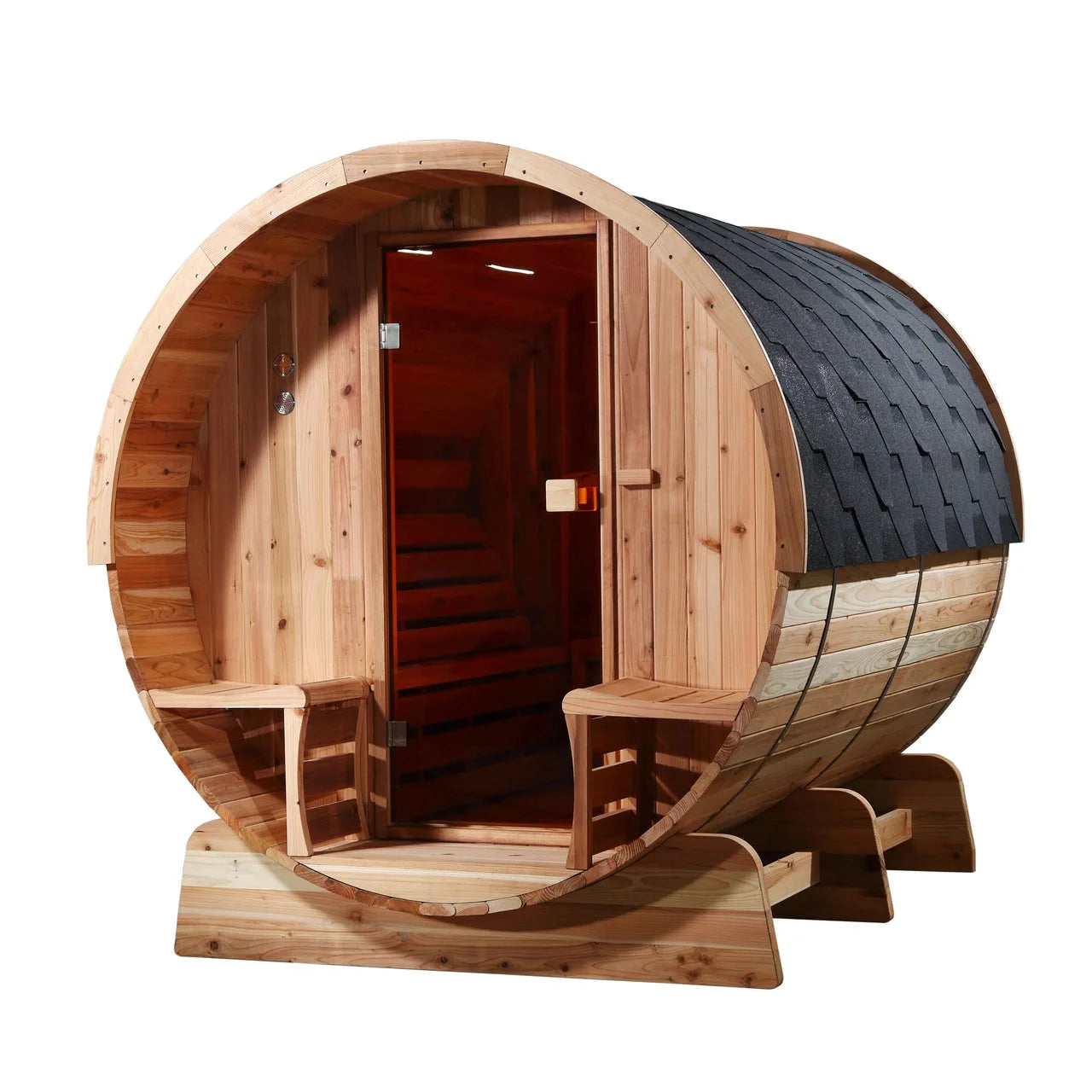 Aleko Outdoor Rustic Cedar Barrel Steam Sauna - Front Porch