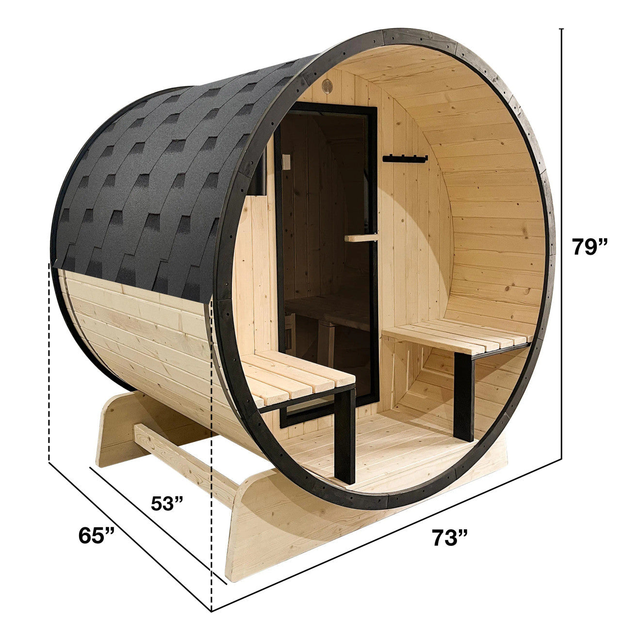 Aleko Outdoor White Finland Pine Traditional Barrel Sauna with Black Accents & Front Porch Canopy - 2-4 Person Capacity