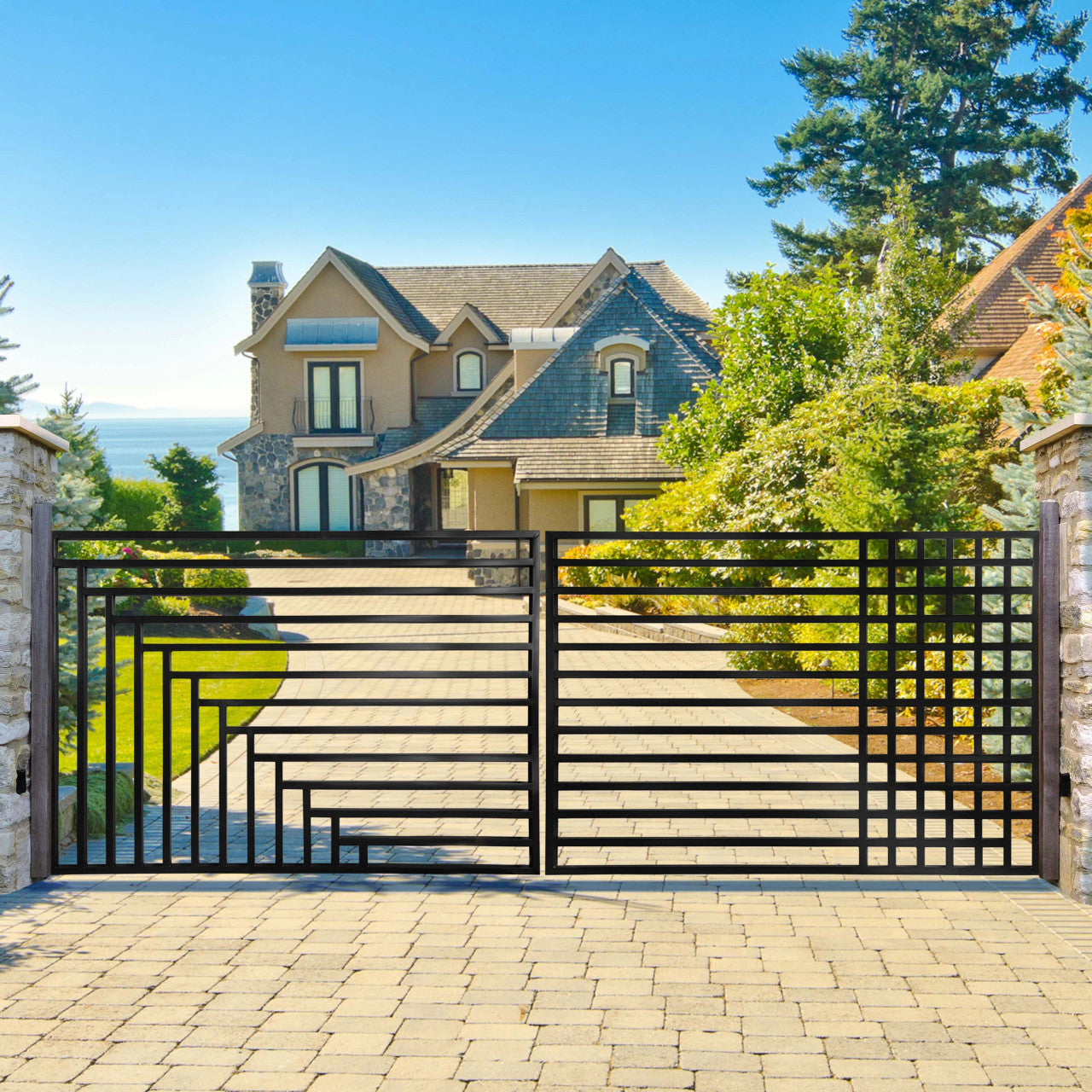 Aleko Steel Dual Swing Driveway Gate - Kyiv Style - 14 x 6