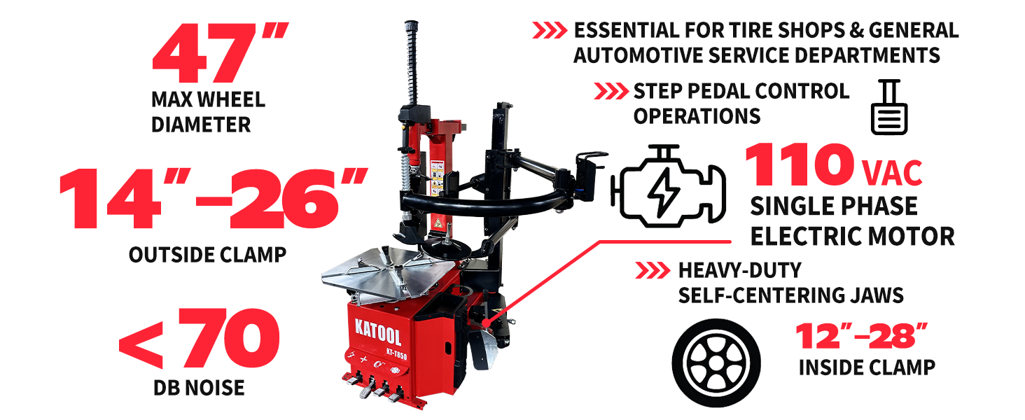 KATOOL KT-T850 Tilt-Arm Wheel Clamp Tire Changer Machine 47-inch Capacity