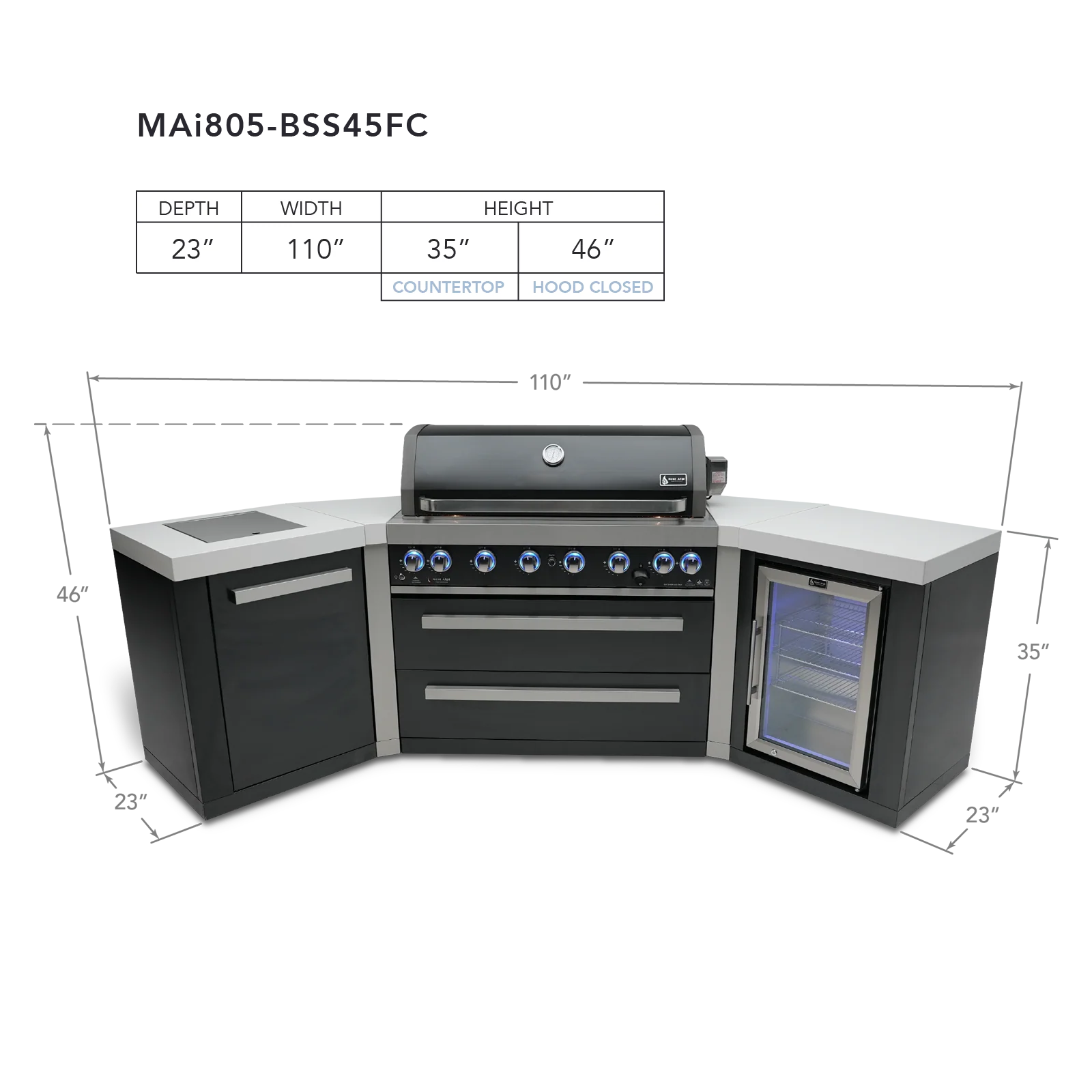 Mont Alpi Black Stainless Series MAi805-BSS45FC - 10 Ft U-Shaped Propane Outdoor Kitchen Island w/ Side Burner & Fridge