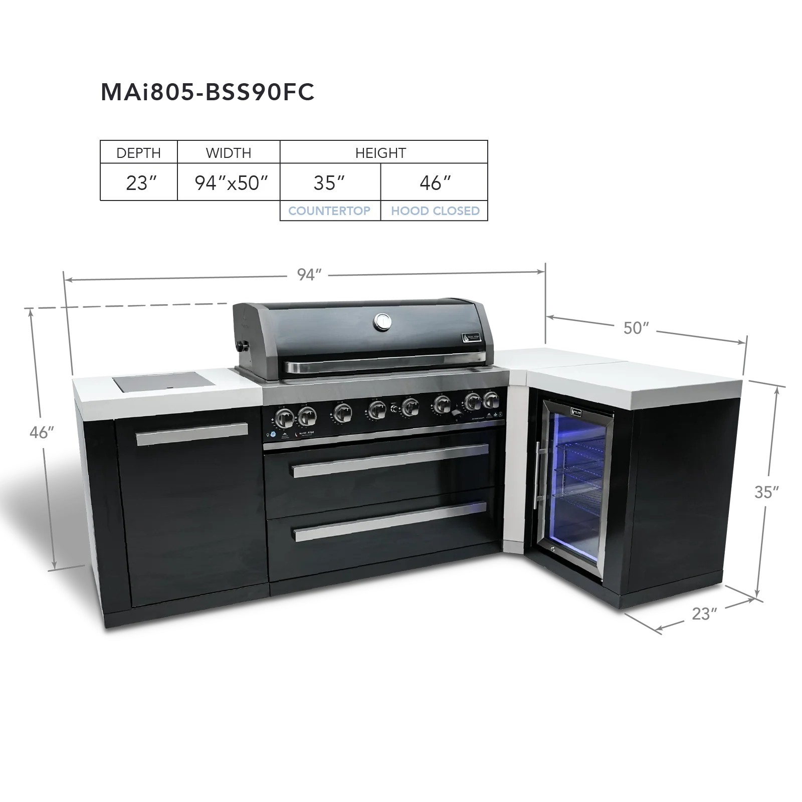 Mont Alpi Black Stainless Series MAi805-BSS90FC - 8.5 Ft L-Shaped Propane Outdoor Kitchen Island w/ Side Burner & Fridge 