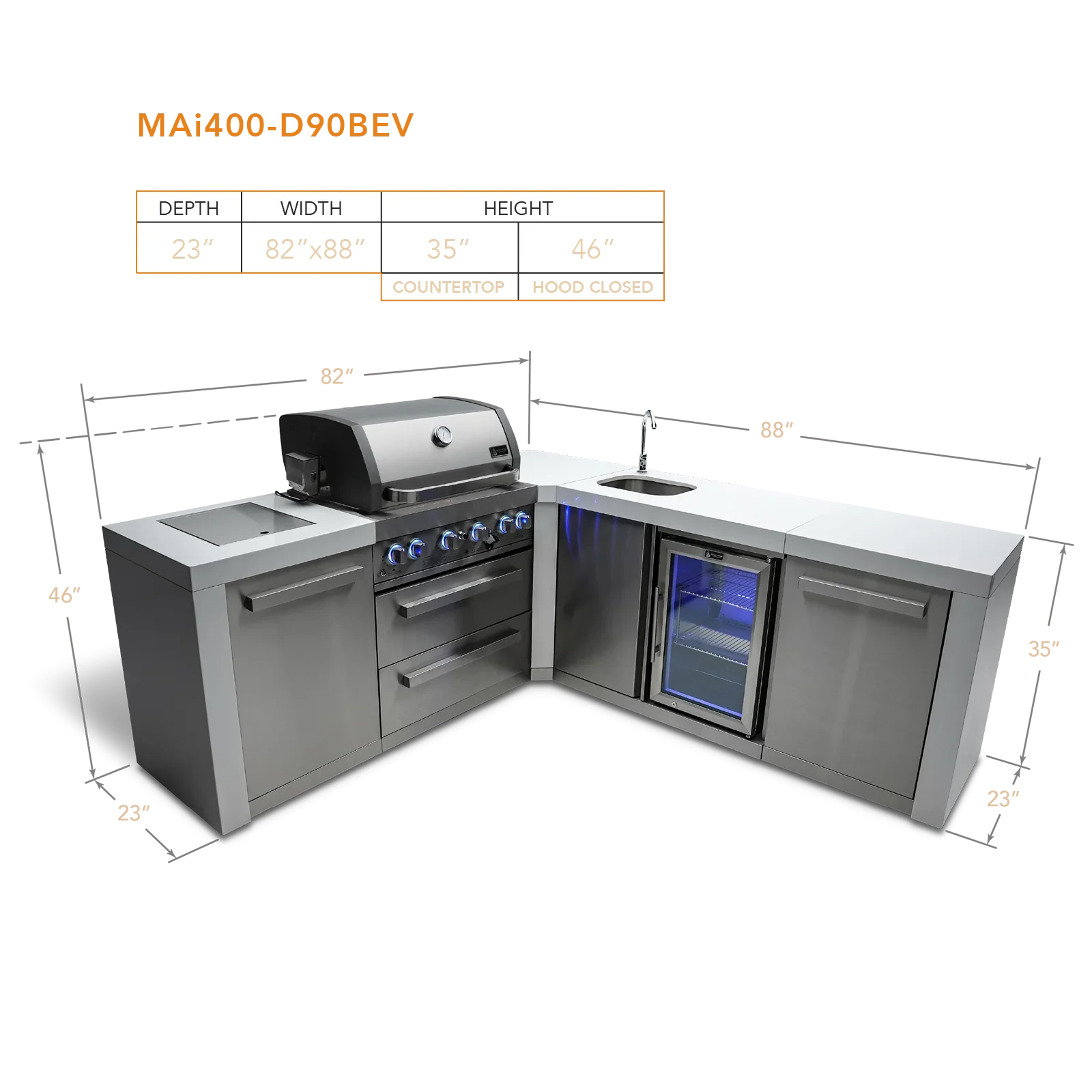 Mont Alpi Deluxe Series MAi400-D90BEV 4-Burner Deluxe Outdoor Kitchen Island With 90-Degree Corner Beverage Center
