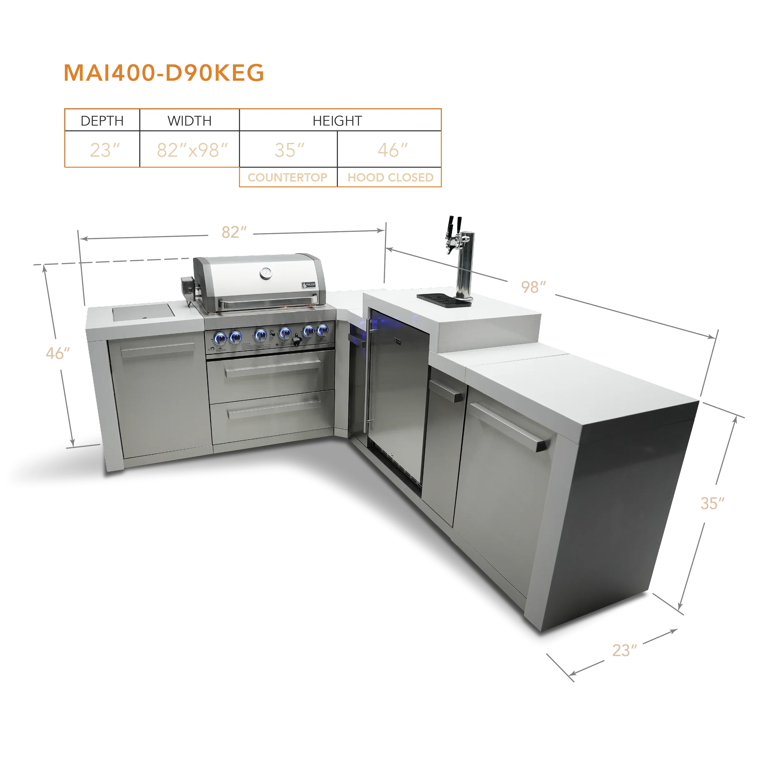 Mont Alpi Deluxe Series MAi400-D90KEG - 7 Ft L-Shaped Propane Outdoor Kitchen Island w/ Side Burner & Kegerator 