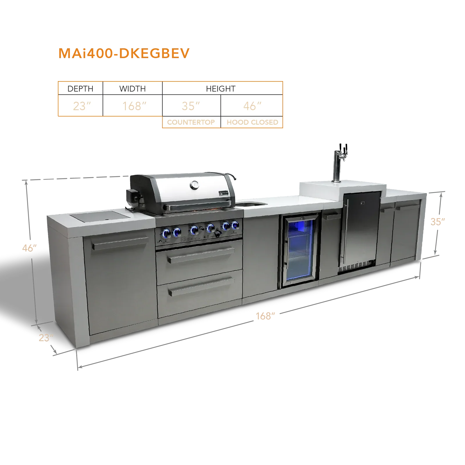 Mont Alpi Deluxe Series MAi400-DKEGBEV - 14 Ft Propane Outdoor Kitchen Island w/ Side Burner, Beverage Center, & Kegerator 