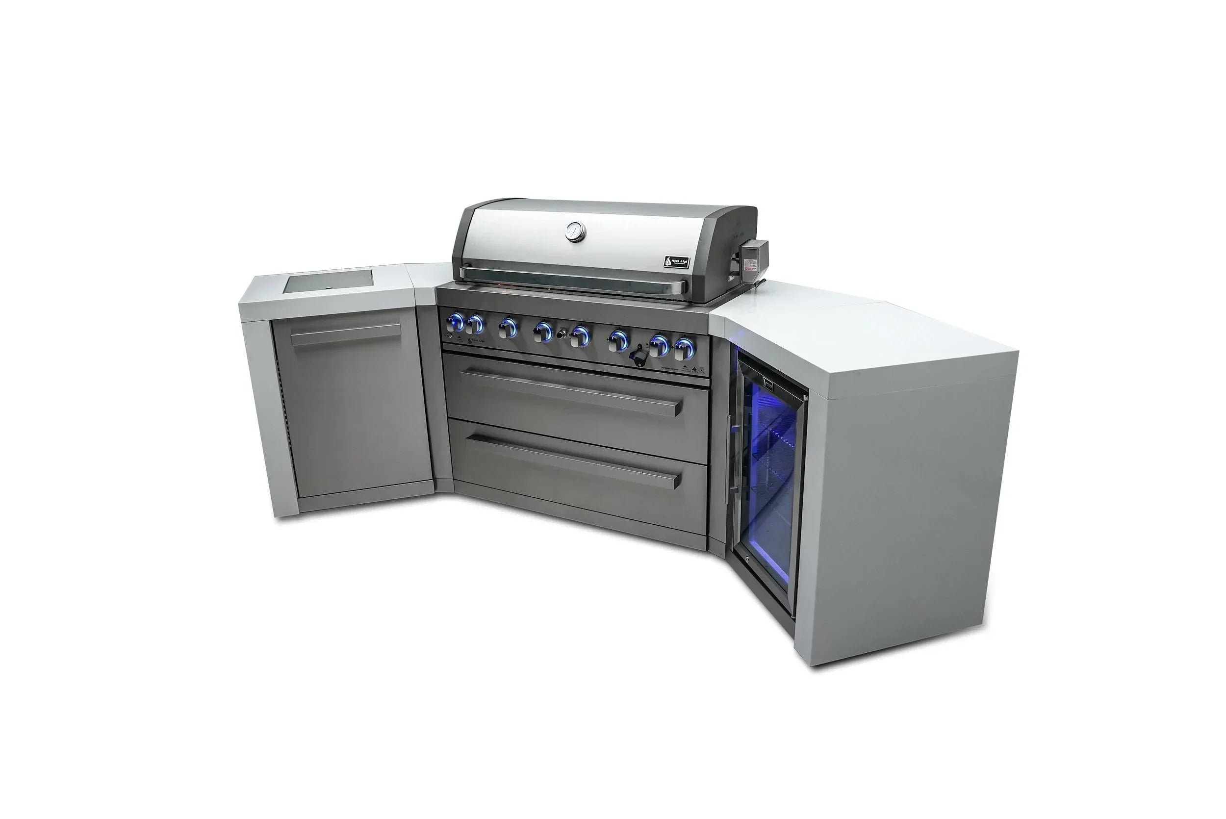 Mont Alpi Deluxe Series MAi805-D45FC - 9.5 Ft U-Shaped Propane Outdoor Kitchen Island w/ Side Burner & Fridge - MAi805