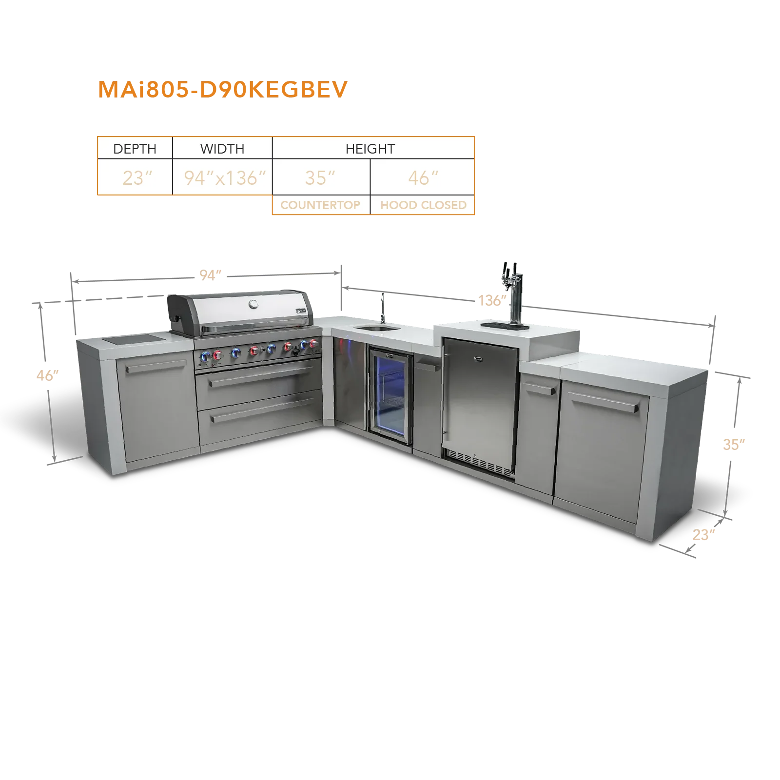 Mont Alpi Deluxe Series MAi805-D90KEGBEV - 11.5 Ft L-Shaped Propane Outdoor Kitchen Island w/ Side Burner, Beverage Center & Kegerator