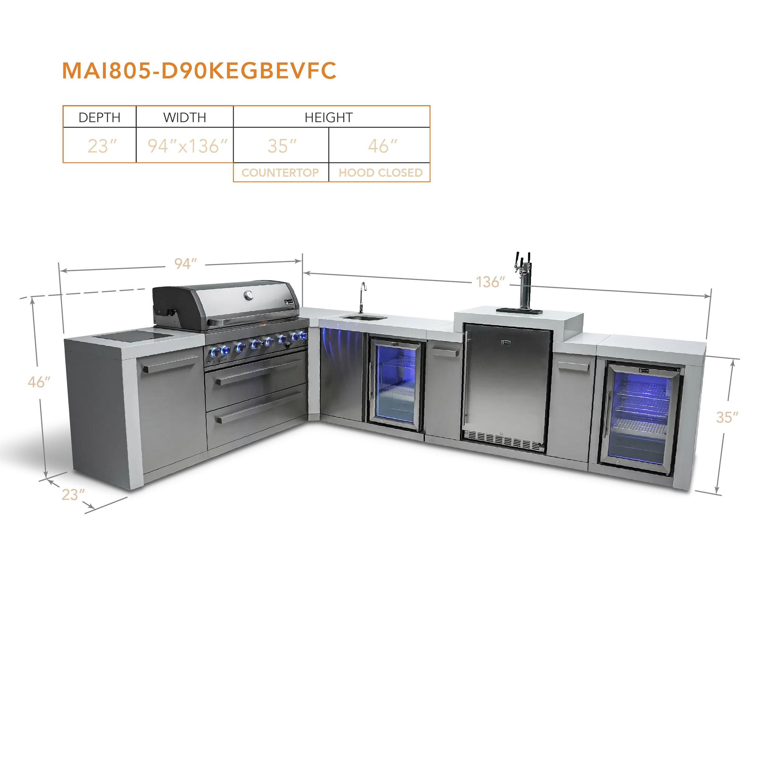Mont Alpi Deluxe Series MAi805-D90KEGBEVFC - 8 Ft L-Shaped Propane Outdoor Kitchen Island w/ Side Burner, Beverage Center, Fridge, & Kegerator 