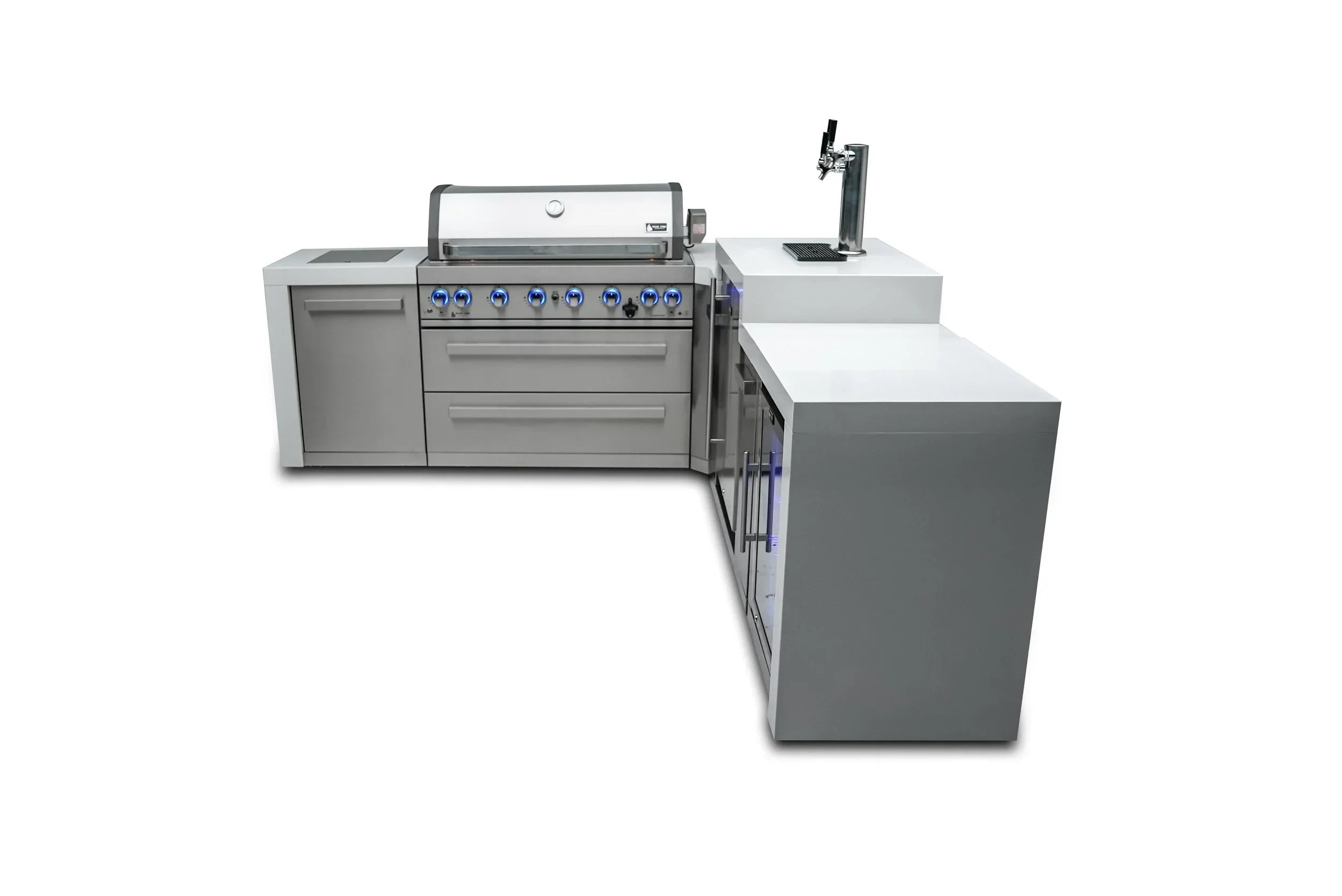Mont Alpi Deluxe Series MAi805-D90KEGFC - 8 Ft L-Shaped Propane Outdoor Kitchen Island w/ Side Burner, Kegerator, & Fridge