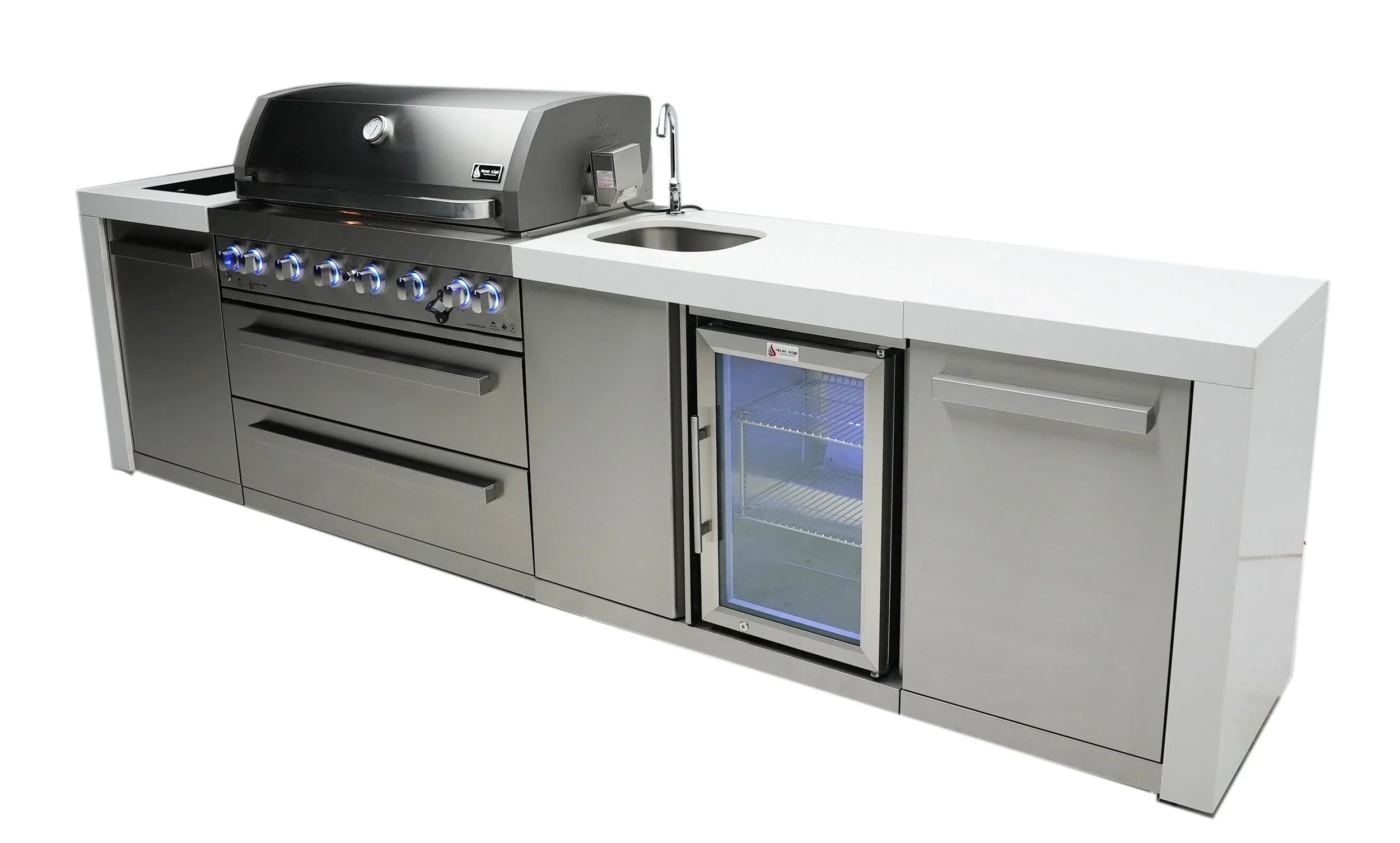 Mont Alpi Deluxe Series MAi805-DBEV - 11 Ft Propane Outdoor Kitchen Island w/ Side Burner & Beverage Center