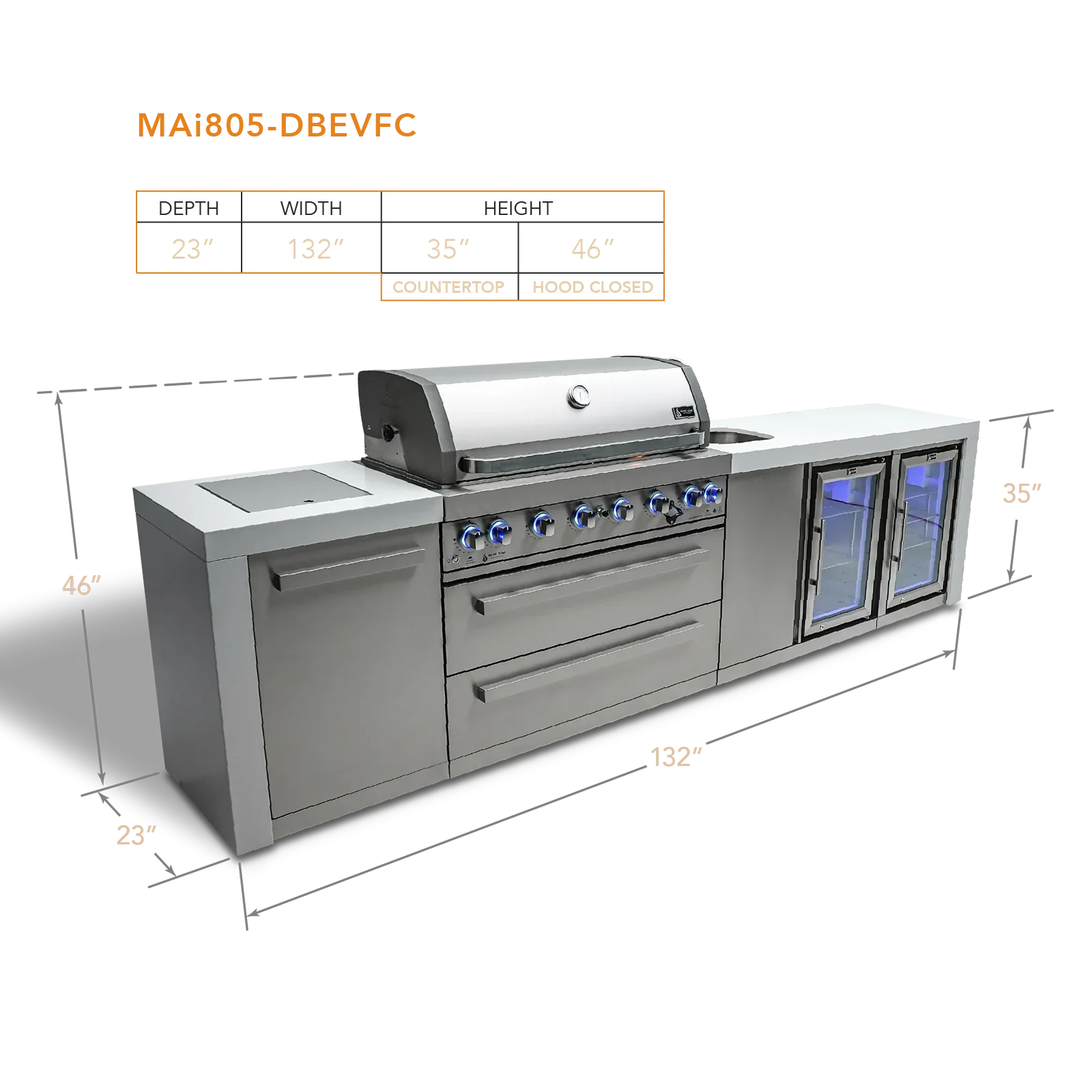 Mont Alpi Deluxe Series MAi805-DBEVFC - 11 Ft Propane Outdoor Kitchen Island w/ Side Burner, Beverage Center & Fridge 