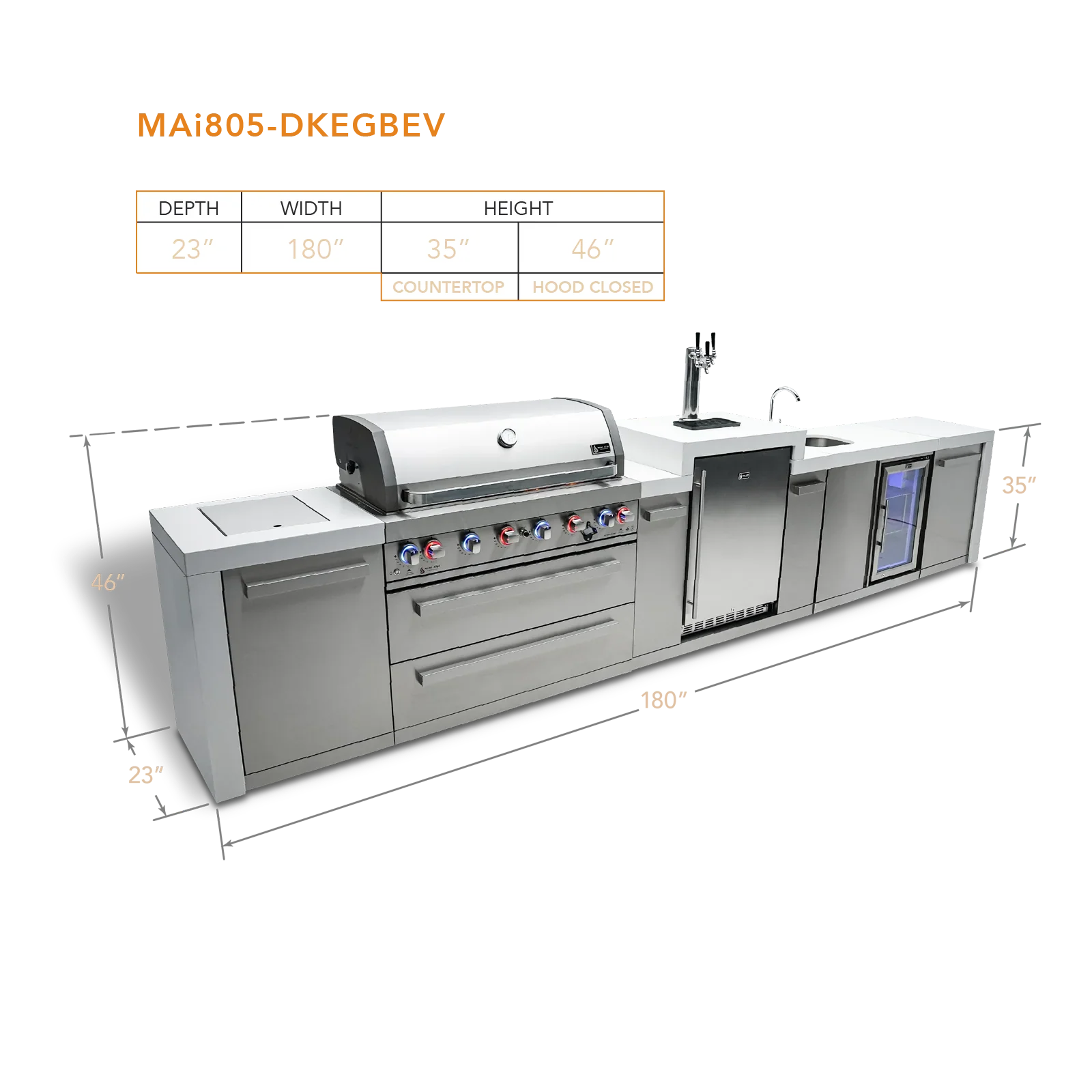 Mont Alpi Deluxe Series MAi805-DKEGBEV - 15 Ft Propane Outdoor Kitchen Island w/ Side Burner, Beverage Center & Kegerator 