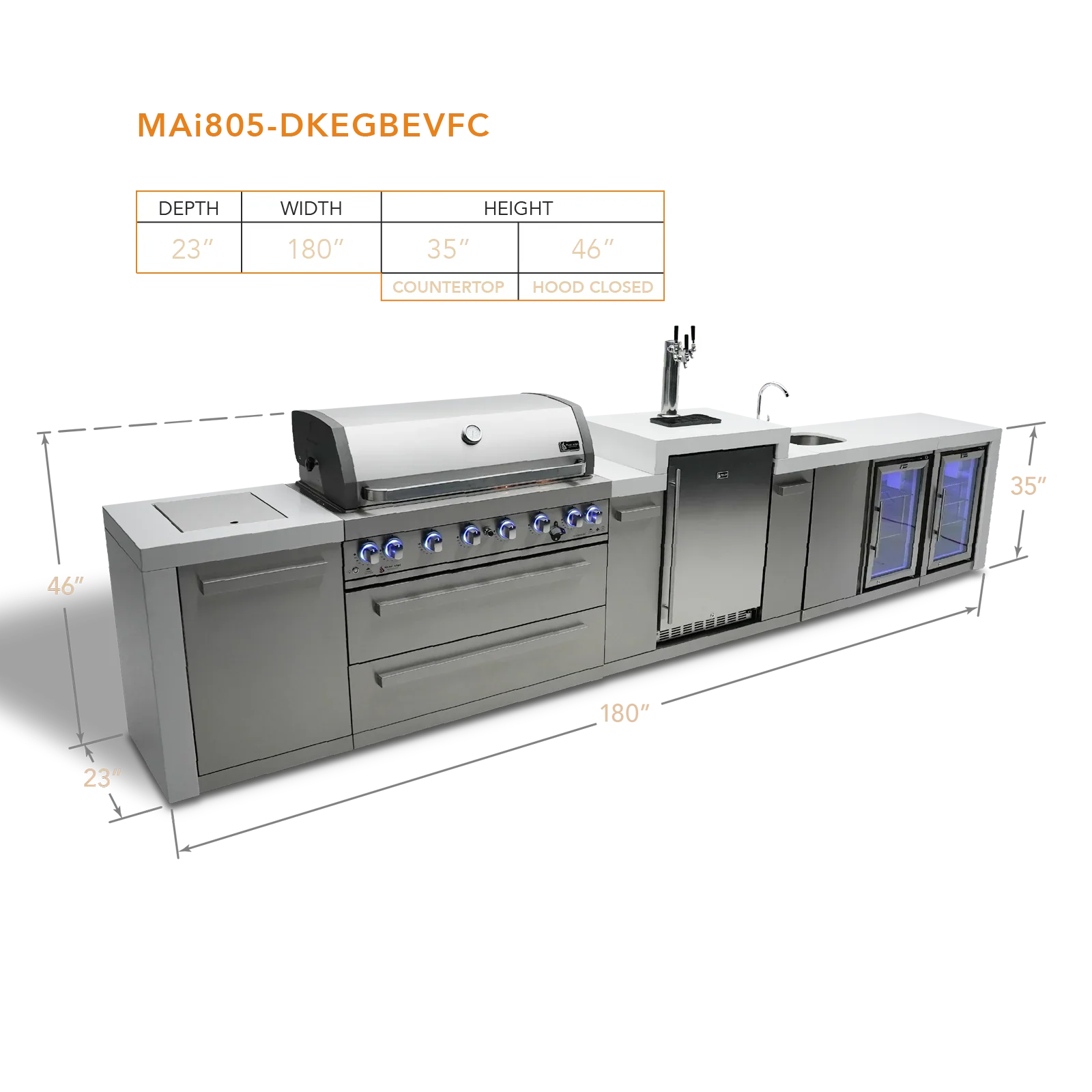 Mont Alpi Deluxe Series MAi805-DKEGBEVFC - 15 Ft Propane Outdoor Kitchen Island w/ Side Burner, Beverage Center, Fridge & Kegerator 