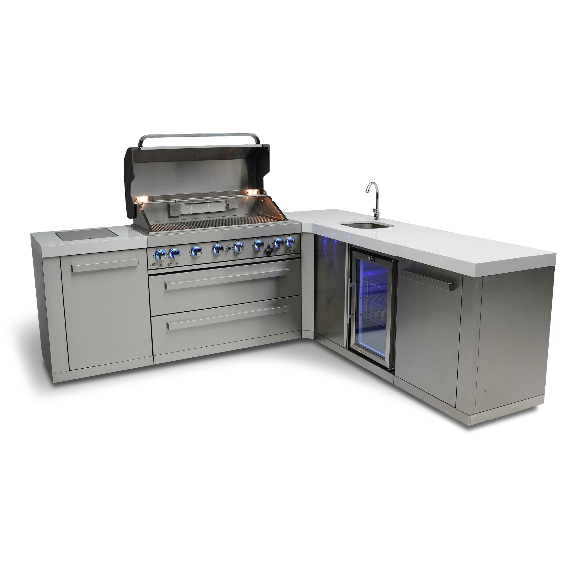 Mont Alpi Original Series MAi805-90BEV - 8 Ft L-Shaped Propane Outdoor Kitchen Island w/ Side Burner & Beverage Center 