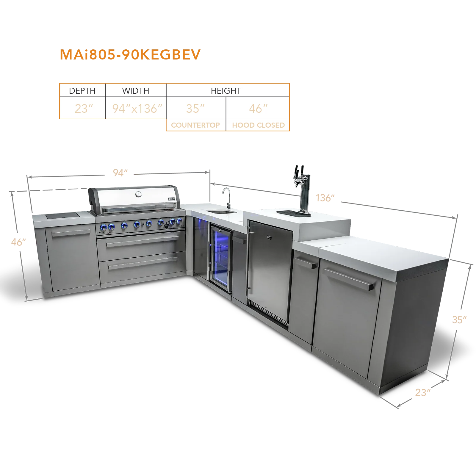 Mont Alpi Original Series MAi805-90KEGBEV - 8 Ft L-Shaped Propane Outdoor Kitchen Island w/ Side Burner, Beverage Center, & Kegerator 