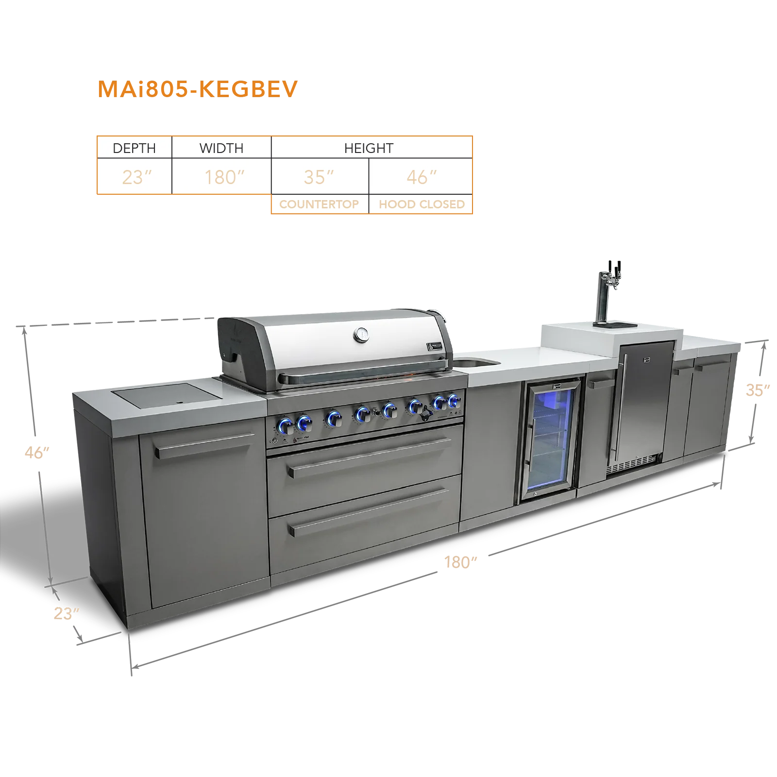 Mont Alpi Original Series MAi805-KEGBEV - 15 Ft Propane Outdoor Kitchen Island w/ Side Burner, Beverage Center, & Kegerator