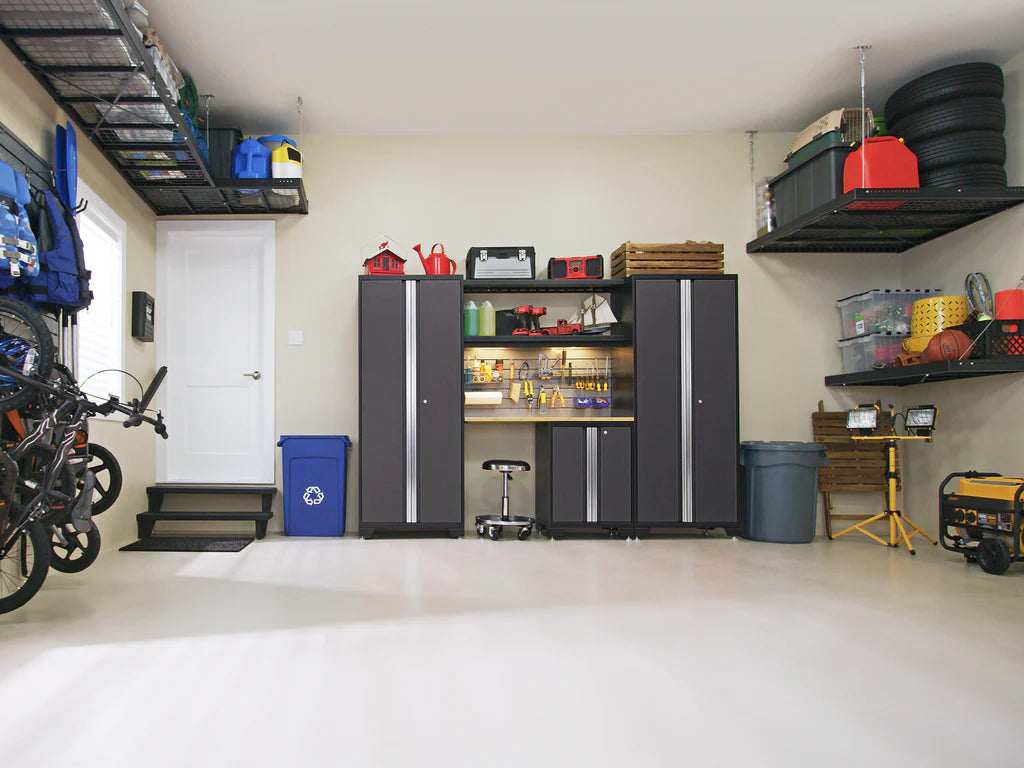 NewAge Bold 3.0 Series 8 Piece Cabinet Set with Project Center, Tool Drawer, Base, Wall Cabinets and Lockers Gray