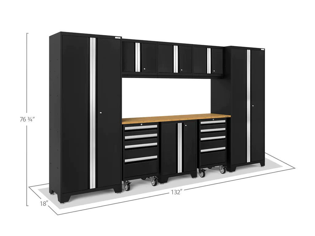 NewAge Bold 3.0 Series 9 Piece Cabinet Set with 2 Tool, Base, Wall Cabinets and 30 in. Lockers Black Door