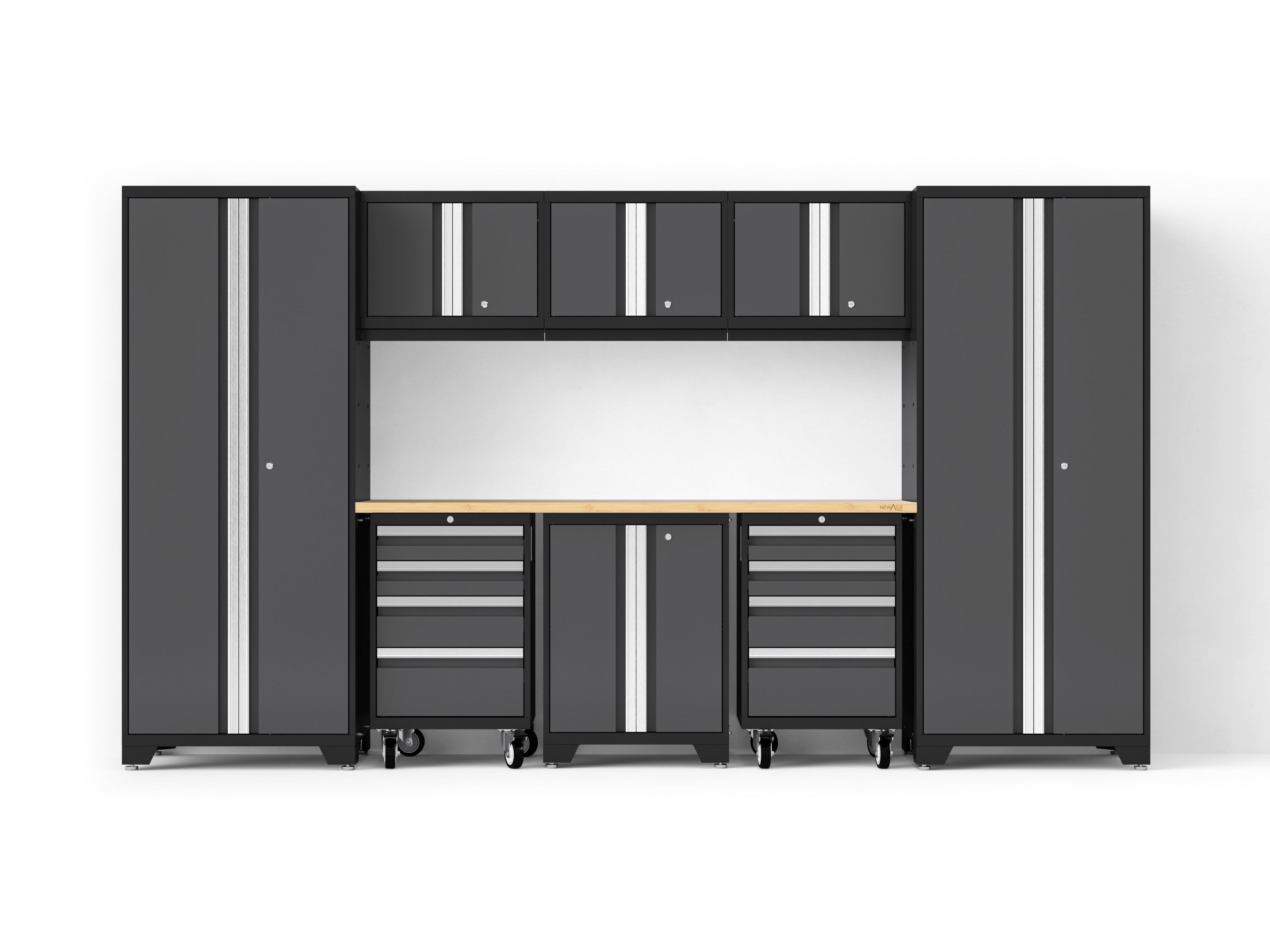 NewAge Bold XL 9-piece garage cabinet set with extra deep steel storage and black frame