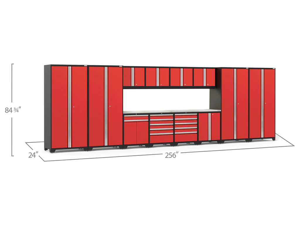 NewAge Pro Series 14 Piece Cabinet Set Red with Lockers, Base, Wall, Tool Drawer, Multi-Function Cabinets and 56 in. Worktop - Red