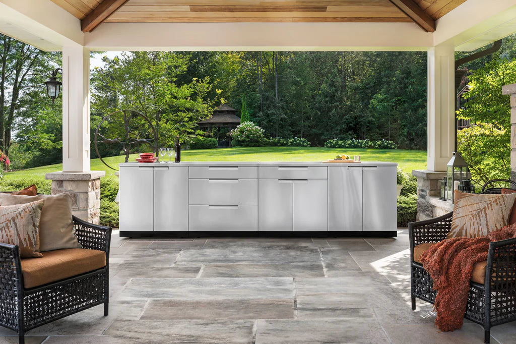 NewAge Products Outdoor Kitchen Stainless Steel 3 Piece Cabinet Set with 2-Door Drawer, Sink and Kamado Cabinet