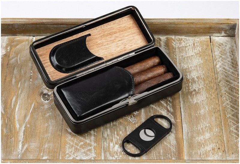 Prestige Import Group Black Leather Folding Cigar Case with Cutter