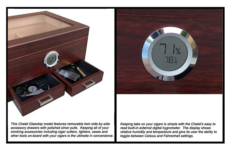 Cherry Glass-Top Desktop Humidor with Storage Drawers and Hygrometer