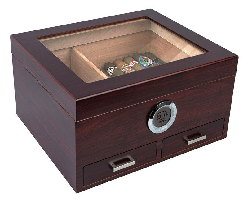 Cherry Glass-Top Desktop Humidor with Storage Drawers and Hygrometer