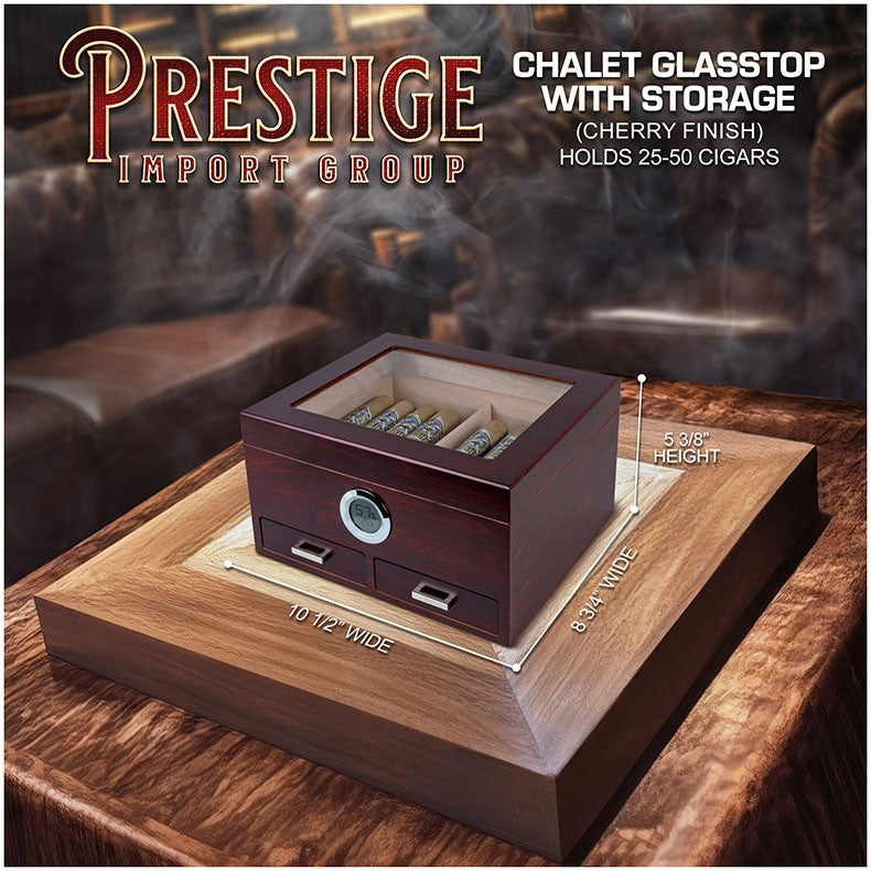 Cherry Glass-Top Desktop Humidor with Storage Drawers and Hygrometer