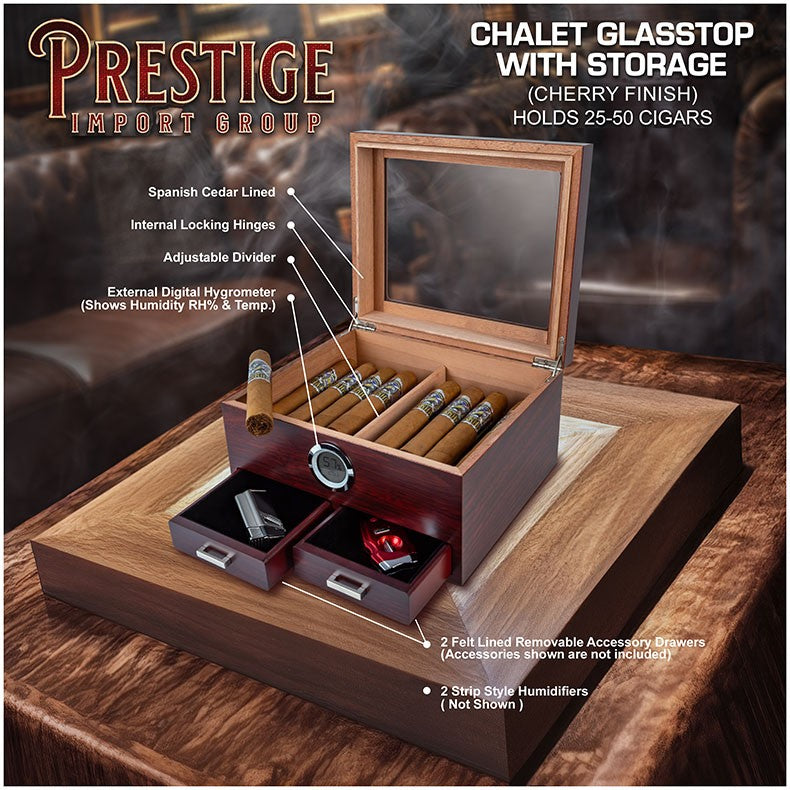 Cherry Glass-Top Desktop Humidor with Storage Drawers and Hygrometer