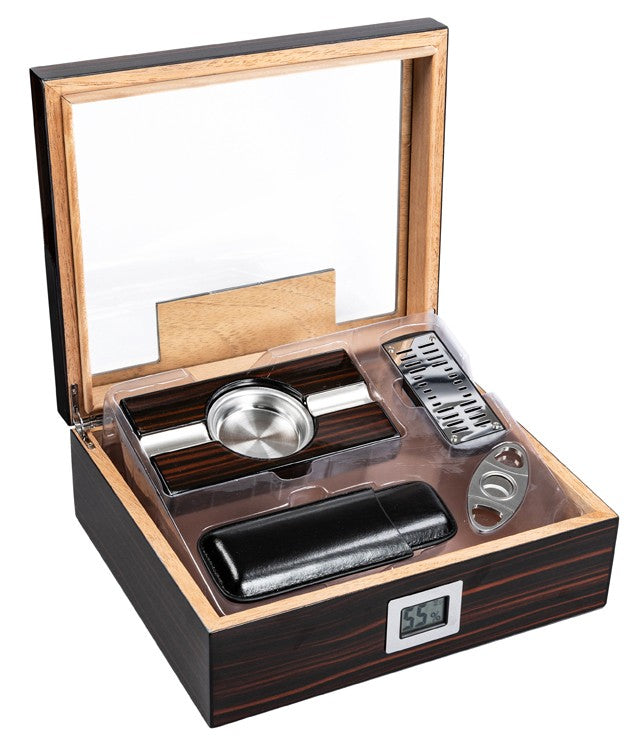 Prestige Import Group Kensington 75‑Count Glass Top Desktop Humidor Gift Set with Accessories