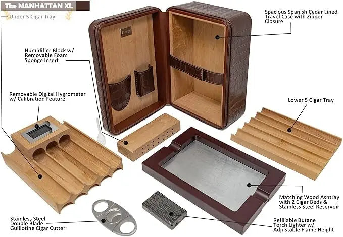 Manhattan XL Leather Travel Cigar Humidor Case with Accessories