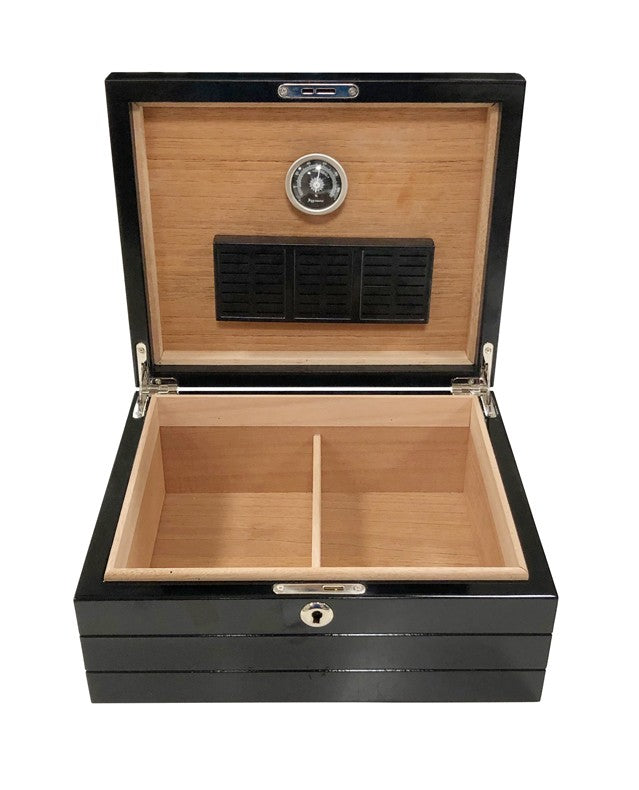 Onyx High-Gloss Black Desktop Humidor 50-Cigar Capacity Spanish Cedar