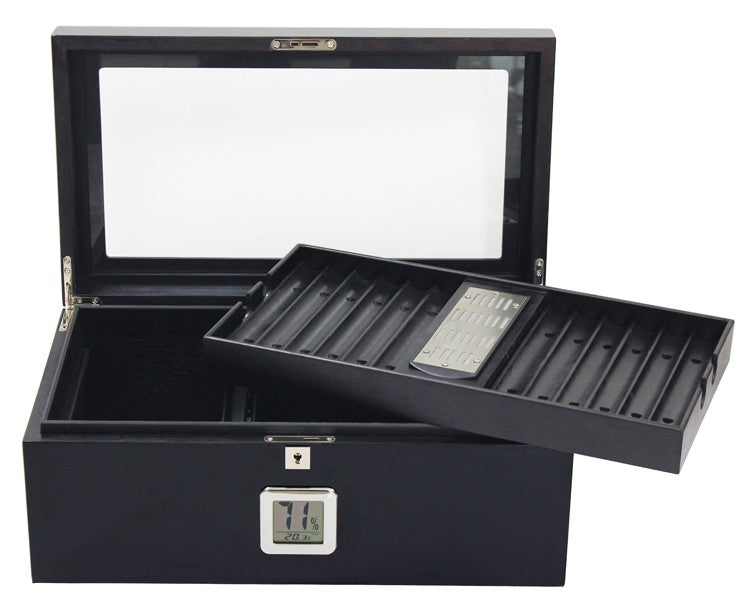 Raven Black Lacquer Humidor 120-Cigar Capacity Digital Hygrometer