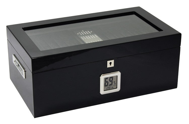 Raven Black Lacquer Humidor 120-Cigar Capacity Digital Hygrometer