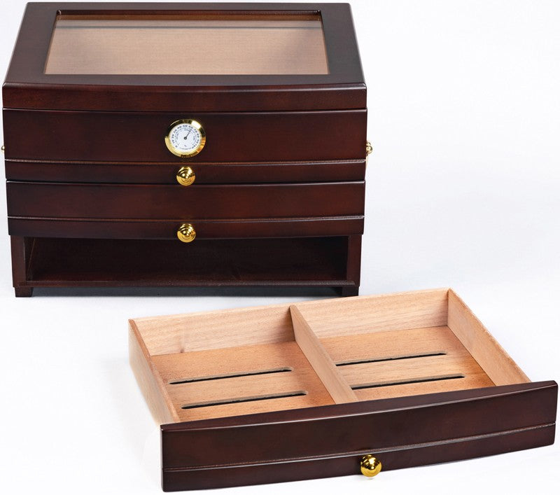 Regent Mahogany Glass-Top Desktop Humidor with 3 Drawers