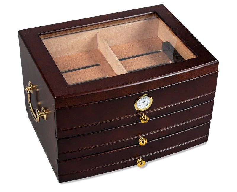 Regent Mahogany Glass-Top Desktop Humidor with 3 Drawers