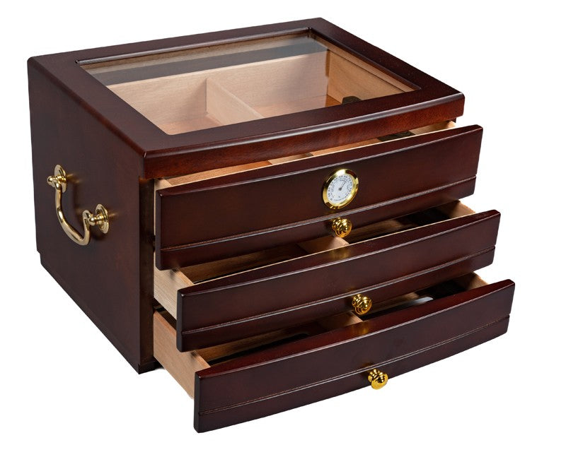 Regent Mahogany Glass-Top Desktop Humidor with 3 Drawers