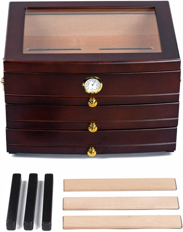 Regent Mahogany Glass-Top Desktop Humidor with 3 Drawers