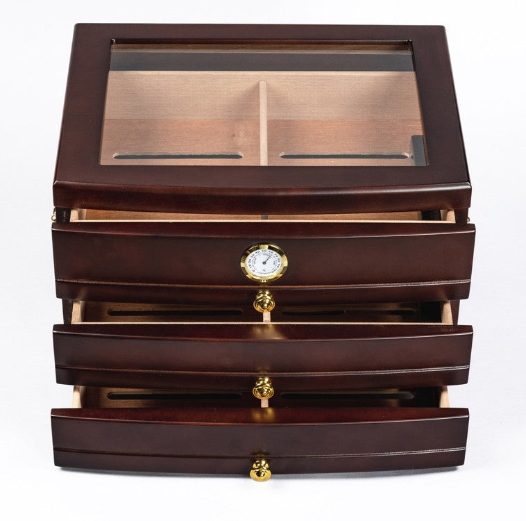 Regent Mahogany Glass-Top Desktop Humidor with 3 Drawers